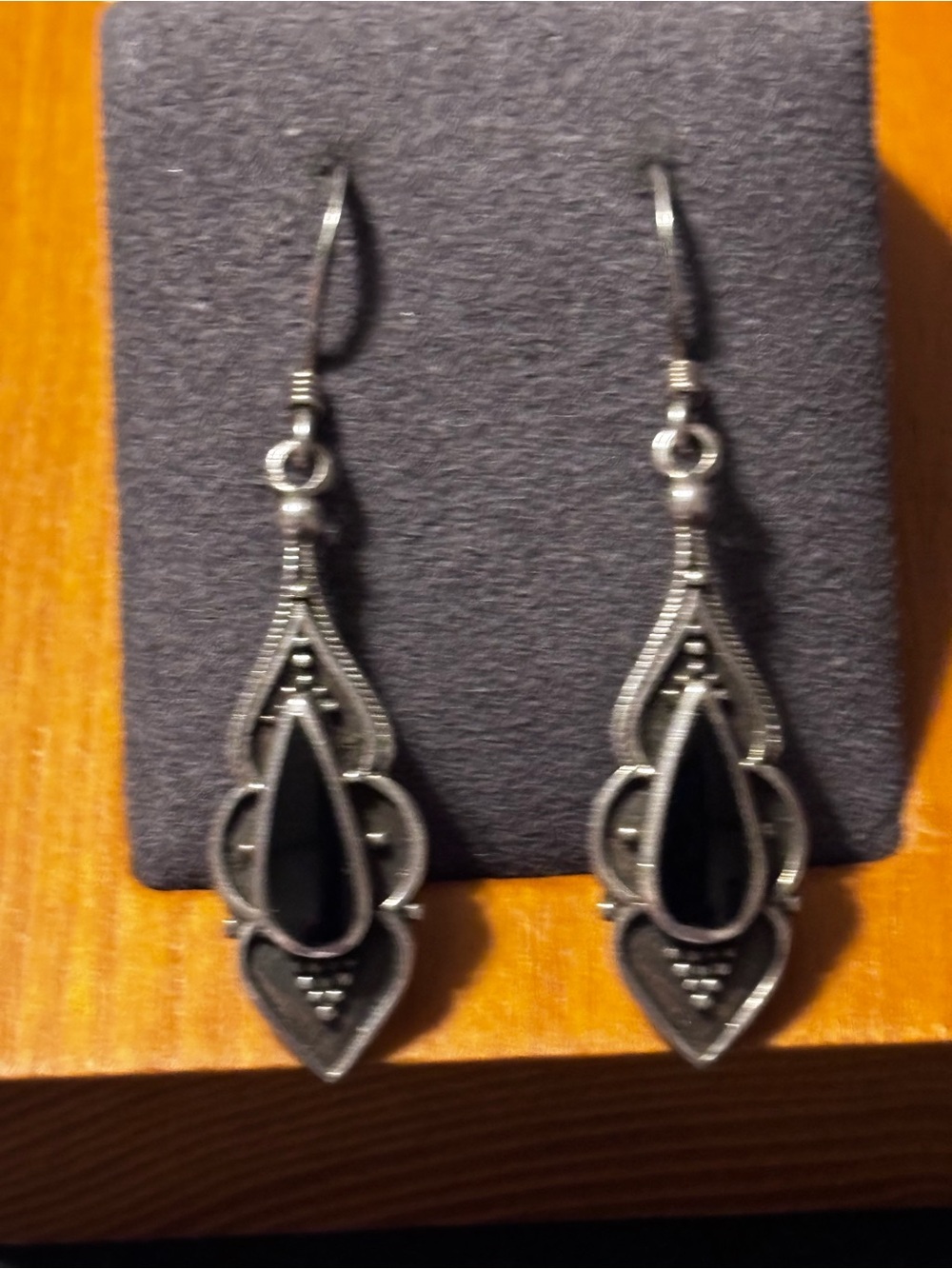 Sterling Silver Onyx Black Teardrop Dangle With Silver‎ Beading Boho Deco Style